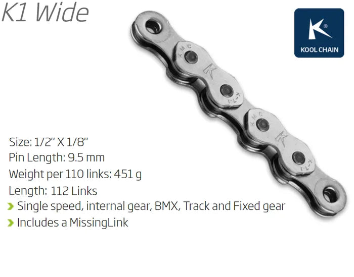 CHAIN - Single Speed - KMC K1 - 112L - SILVER - w/Connect Link