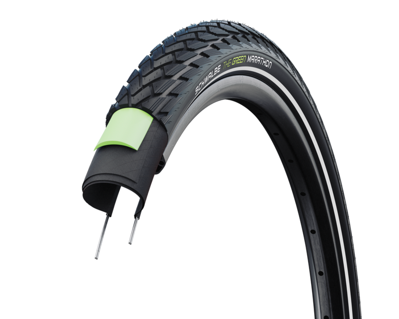 Schwalbe Green Marathon 700 x 35C black reflective tyre, manufacturer cutaway showing GreenGuard puncture protection