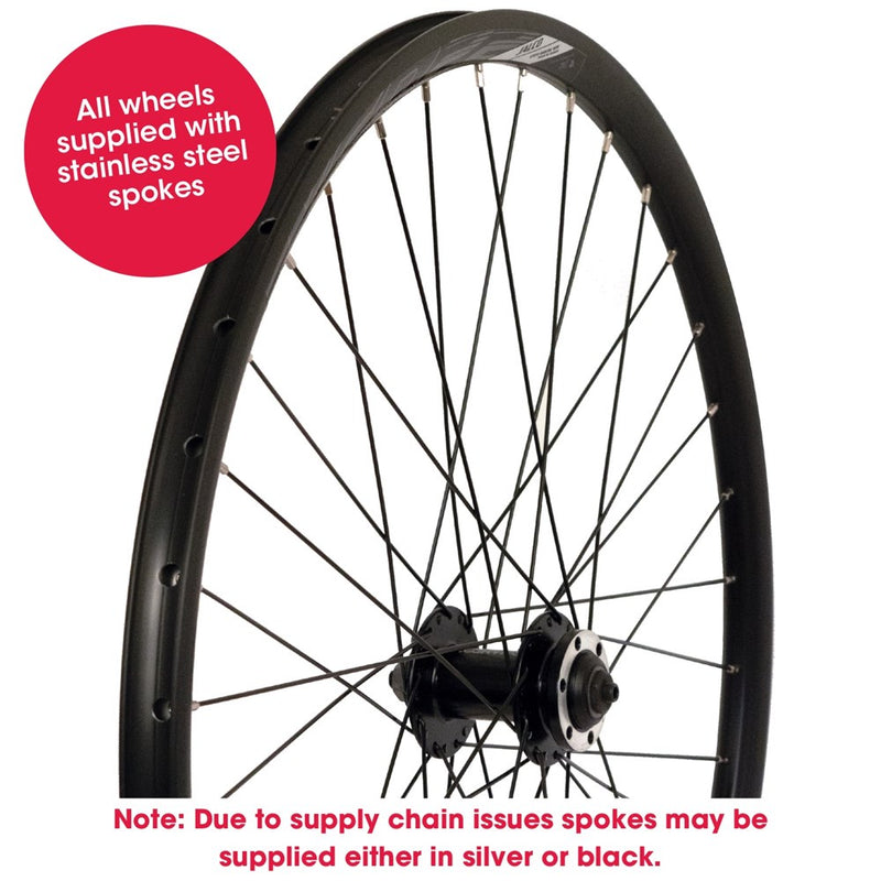 Bikecorp WH29DF 29-inch black disc front wheel; supplier notes spokes may be silver or black